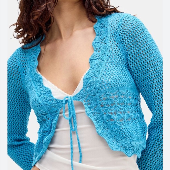 BDG Sweaters - BDG Bulldog Urban Outfitters Blue Cropped Knit Tie-Front Sweater crochet XL